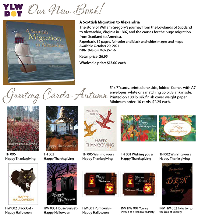 Catalog page showing our new book, A Scottish Migration to Alexandria, and Autumn Greeting Cards, Halloween and Thanksgiving